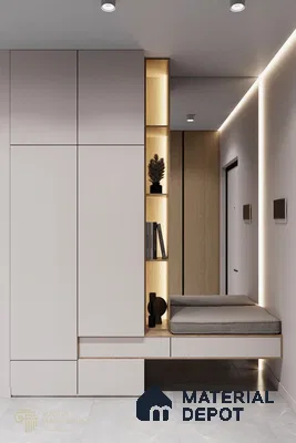Minimalist Wardrobe with frosty white laminate cabinets, light oak open shelving, and marble look floor tiles | Material Depot