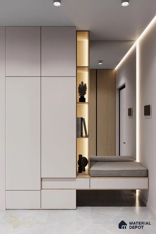 Minimalist Wardrobe with frosty white laminate cabinets, light oak open shelving, and marble look floor tiles | Material Depot