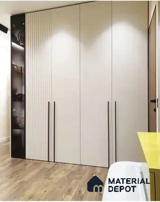 Minimalist wardrobe with frosty white laminate, fluted panel, and wooden floor tile | Material Depot