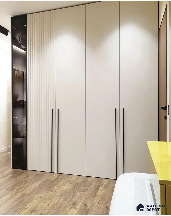 Minimalist wardrobe with frosty white laminate, fluted panel, and wooden floor tile | Material Depot