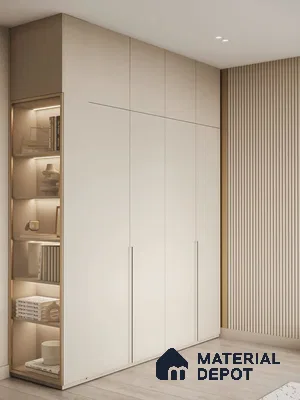Minimalist wardrobe with frosty white laminate shutters and beige fluted wall panels | Material Depot