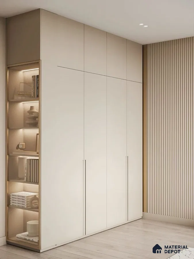 Minimalist wardrobe with frosty white laminate shutters and beige fluted wall panels | Material Depot