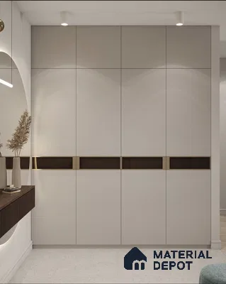 Minimalist wardrobe with frosty white laminate shutters and brown glass inserts | Material Depot