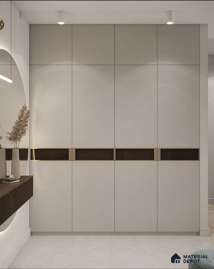 Minimalist wardrobe with frosty white laminate shutters and brown glass inserts | Material Depot