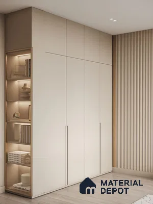 Minimalist wardrobe with frosty white laminate shutters and light oak fluted wall panel | Material Depot