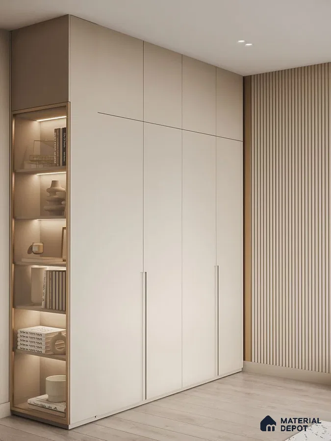 Minimalist wardrobe with frosty white laminate shutters and light oak fluted wall panel | Material Depot