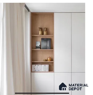 Minimalist wardrobe with frosty white laminate shutters and light oak open shelving | Material Depot