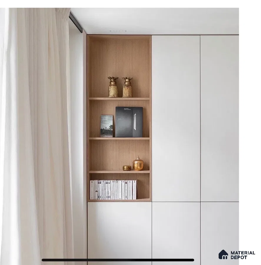 Minimalist wardrobe with frosty white laminate shutters and light oak open shelving | Material Depot