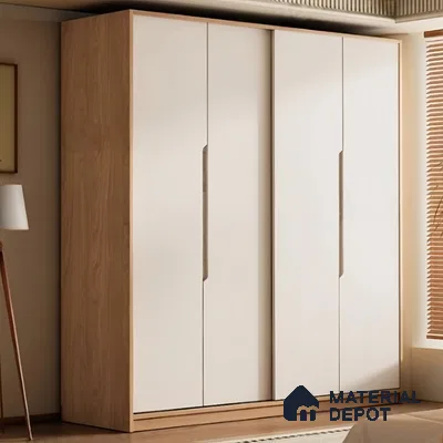Minimalist wardrobe with frosty white laminate shutters and light oak wood laminate frame | Material Depot