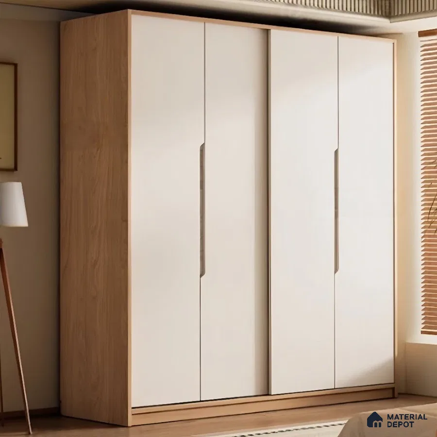 Minimalist wardrobe with frosty white laminate shutters and light oak wood laminate frame | Material Depot