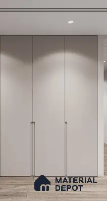 Minimalist wardrobe with frosty white laminate shutters and light oak wooden flooring | Material Depot