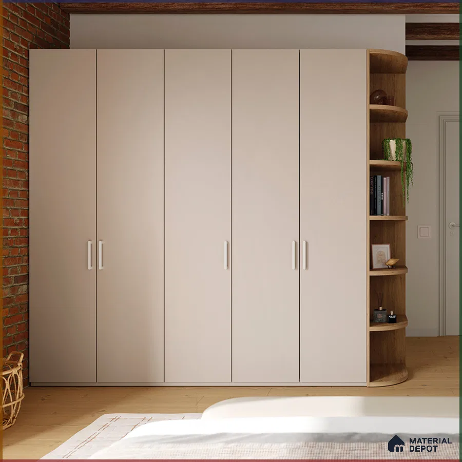 Minimalist wardrobe with frosty white laminate shutters and natural oak open shelving | Material Depot