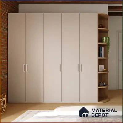 Minimalist wardrobe with frosty white laminate shutters and natural oak open shelving | Material Depot