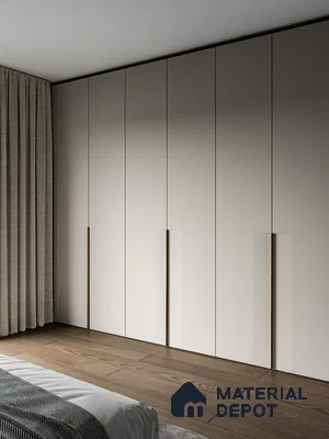 Minimalist wardrobe with frosty white laminate shutters and walnut brown wooden flooring | Material Depot