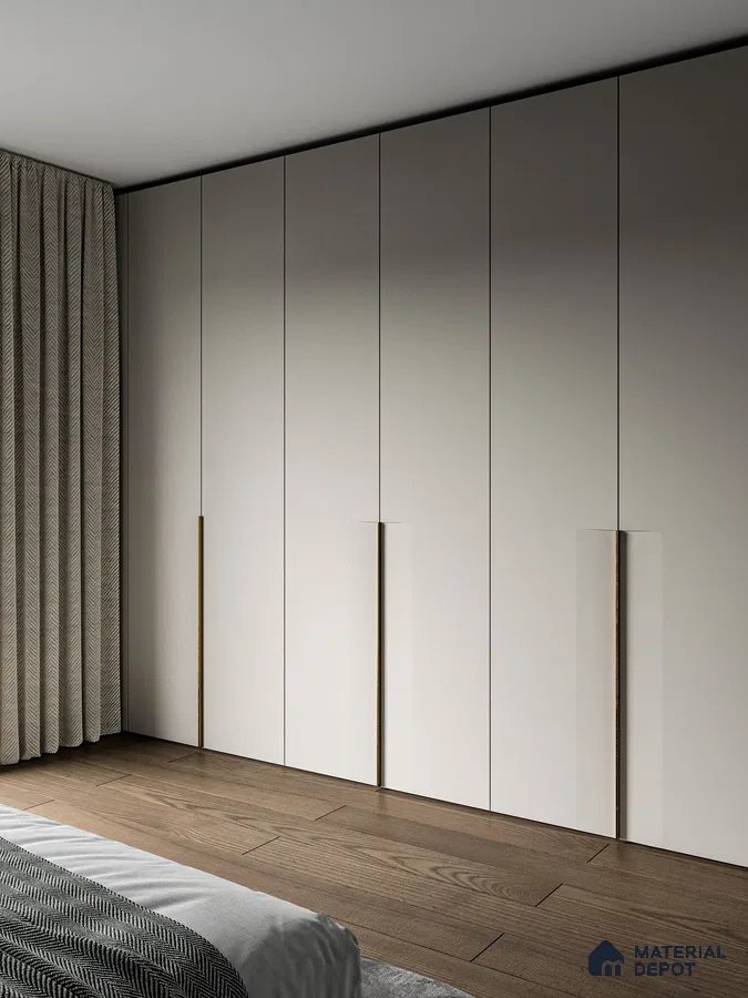 Minimalist wardrobe with frosty white laminate shutters and walnut brown wooden flooring | Material Depot