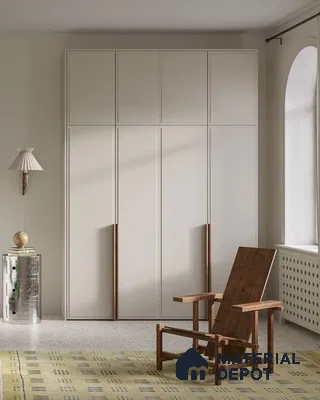 Minimalist wardrobe with frosty white laminate shutters and walnut wood handles | Material Depot