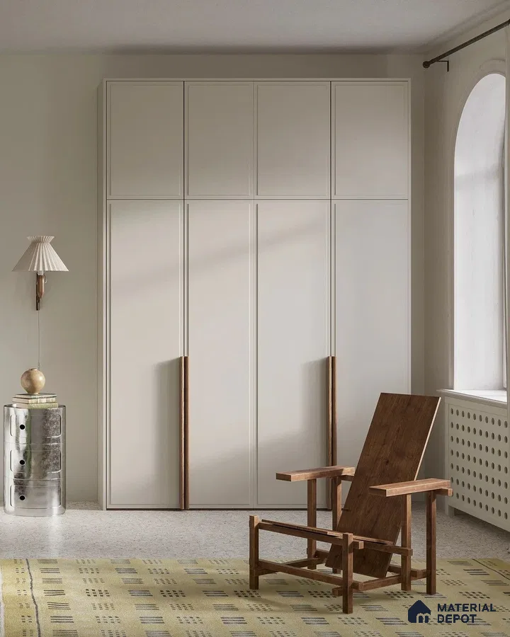 Minimalist wardrobe with frosty white laminate shutters and walnut wood handles | Material Depot