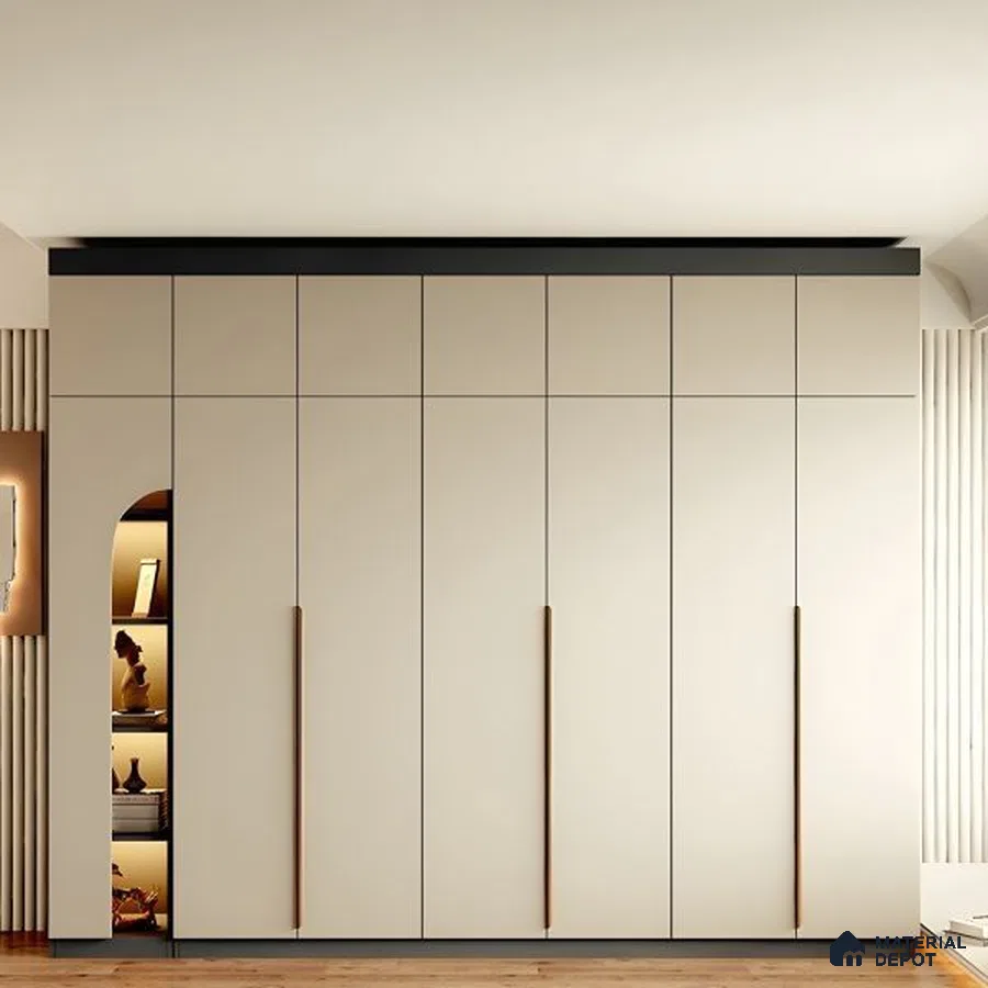 Minimalist wardrobe with frosty white matte laminate shutters and wooden handles | Material Depot