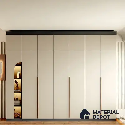 Minimalist wardrobe with frosty white matte laminate shutters and wooden handles | Material Depot