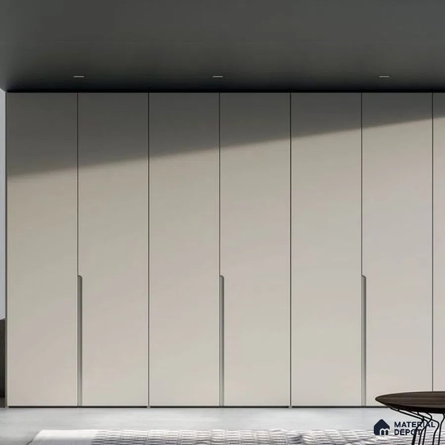 Minimalist wardrobe with frosty white matte laminate shutters | Material Depot