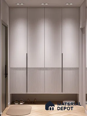 Minimalist Wardrobe with frosty white solid and fluted laminate cabinets and light oak herringbone wooden flooring | Material Depot
