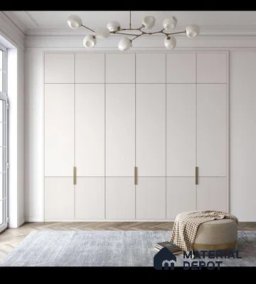 Minimalist wardrobe with frosty white solid and fluted laminate, herringbone wood flooring | Material Depot