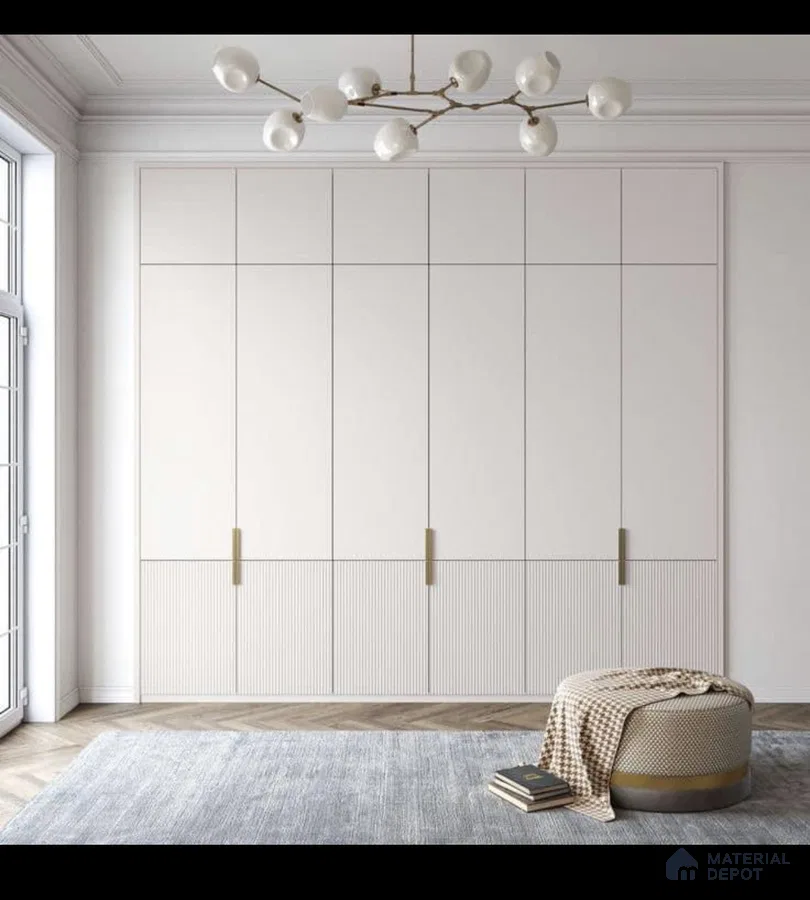 Minimalist wardrobe with frosty white solid and fluted laminate, herringbone wood flooring | Material Depot