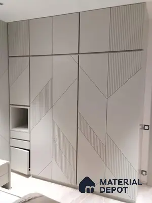 Minimalist wardrobe with frosty white solid color laminate and geometric line pattern | Material Depot