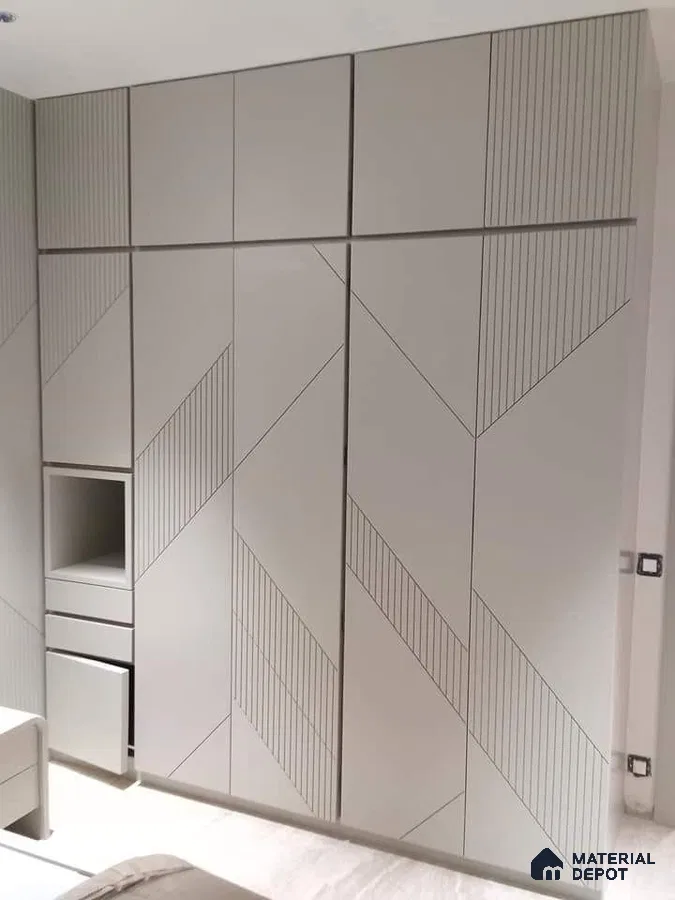 Minimalist wardrobe with frosty white solid color laminate and geometric line pattern | Material Depot