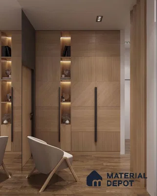 Minimalist wardrobe with light oak fluted laminate shutters and wooden flooring | Material Depot