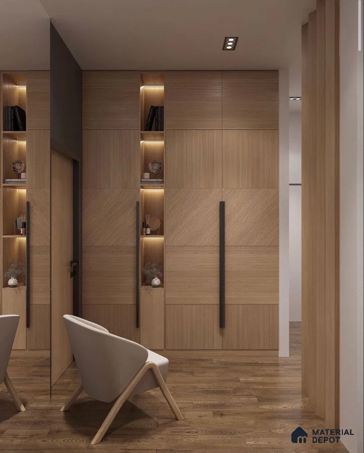 Minimalist wardrobe with light oak fluted laminate shutters and wooden flooring | Material Depot