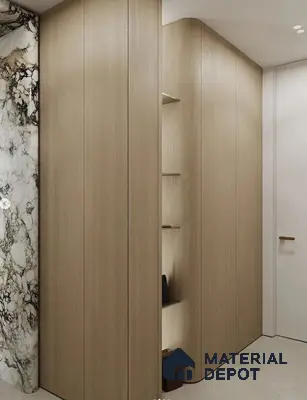 Minimalist Wardrobe with light oak laminate panels and dramatic marble accent wall | Material Depot