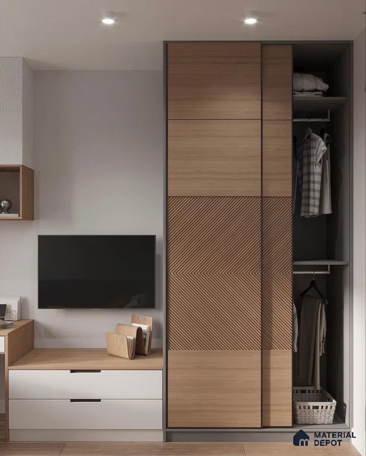Minimalist wardrobe with light oak wood laminate and chevron patterned panels in bedroom | Material Depot
