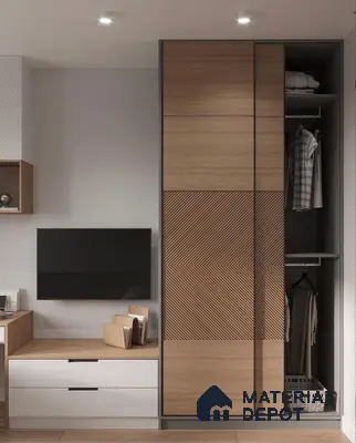 Minimalist wardrobe with light oak wood laminate and chevron patterned panels in bedroom | Material Depot