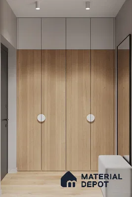 Minimalist wardrobe with light oak wood laminate and frosty white laminate in entryway | Material Depot