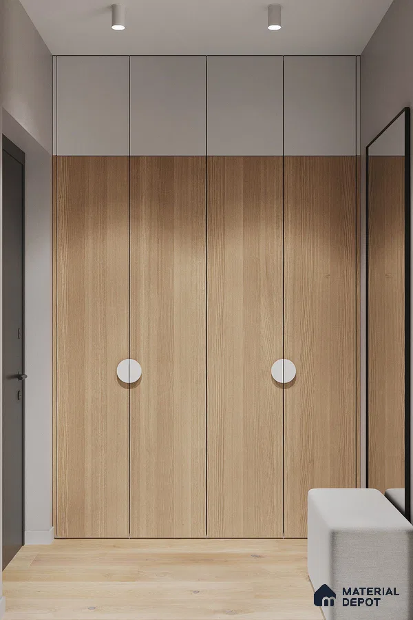 Minimalist wardrobe with light oak wood laminate and frosty white laminate in entryway | Material Depot