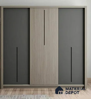 Minimalist wardrobe with light oak wood laminate and matte charcoal grey laminate shutters | Material Depot