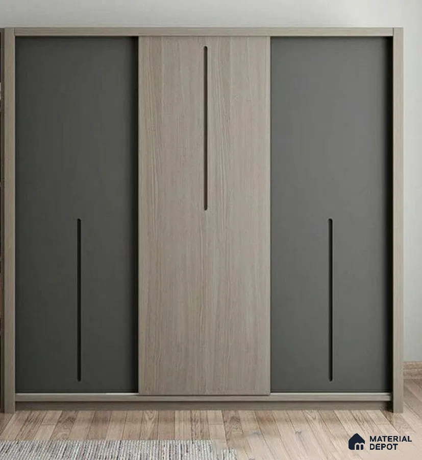 Minimalist wardrobe with light oak wood laminate and matte charcoal grey laminate shutters | Material Depot