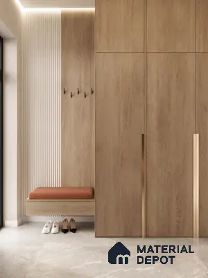 Minimalist Wardrobe with light oak wood laminate, fluted white wall panel, and stone look floor tile | Material Depot