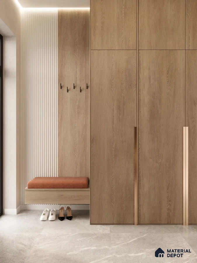 Minimalist Wardrobe with light oak wood laminate, fluted white wall panel, and stone look floor tile | Material Depot