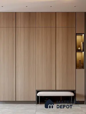 Minimalist Wardrobe with light oak wood laminate panels and built-in bench | Material Depot
