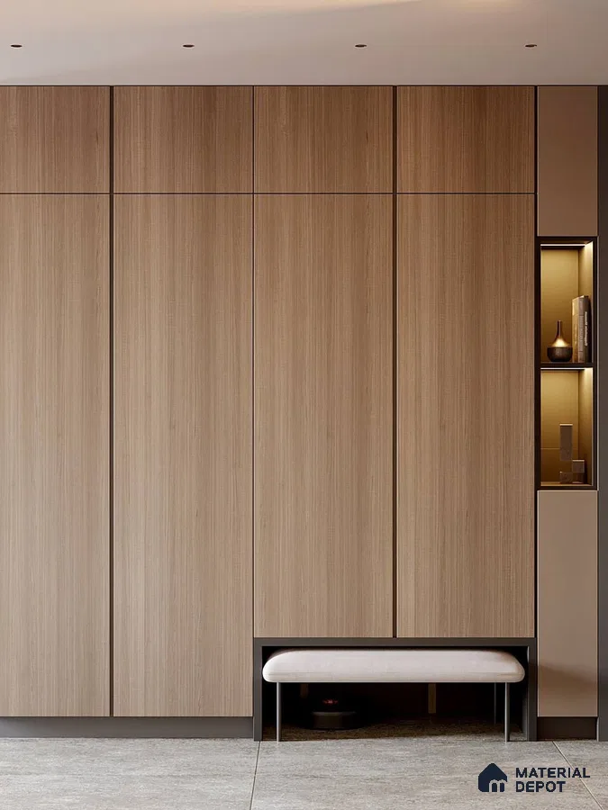 Minimalist Wardrobe with light oak wood laminate panels and built-in bench | Material Depot