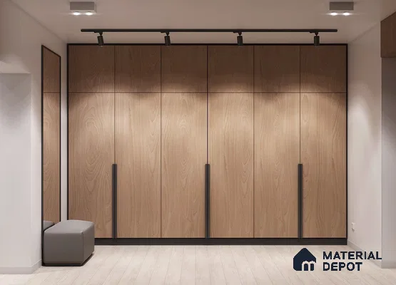 Minimalist wardrobe with light oak wood laminate shutters and pale wood flooring | Material Depot