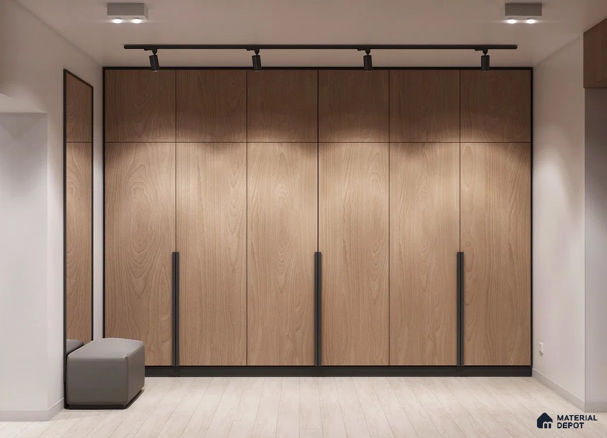 Minimalist wardrobe with light oak wood laminate shutters and pale wood flooring | Material Depot