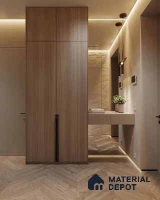 Minimalist Wardrobe with light oak wood laminate wardrobe, beige wall panels, and chevron wooden flooring | Material Depot