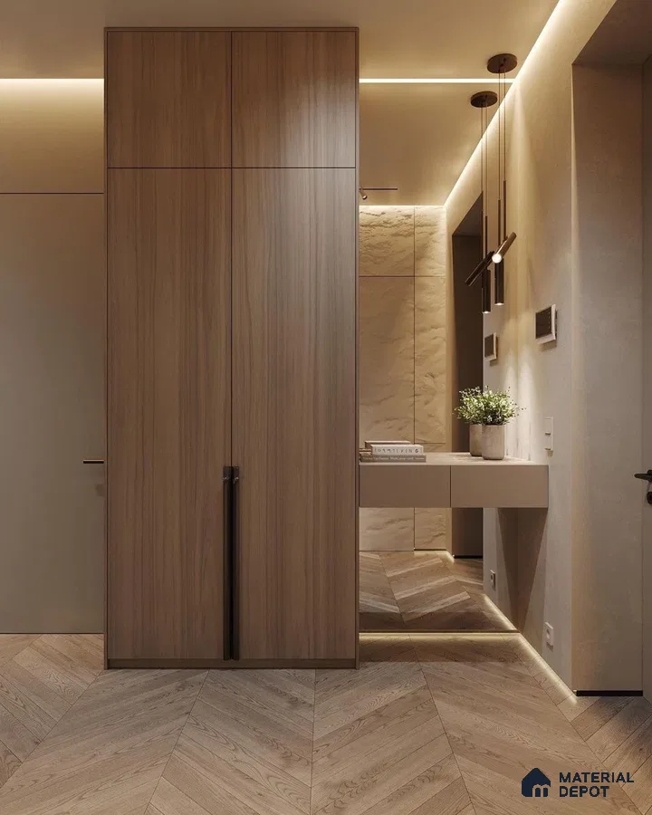 Minimalist Wardrobe with light oak wood laminate wardrobe, beige wall panels, and chevron wooden flooring | Material Depot