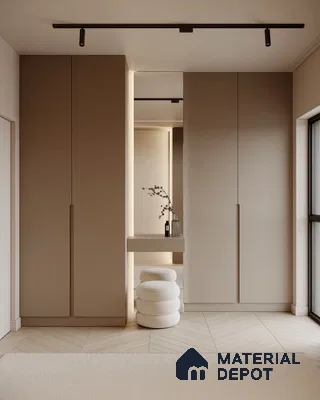 Minimalist wardrobe with matte beige laminate shutters and chevron beige floor tile | Material Depot
