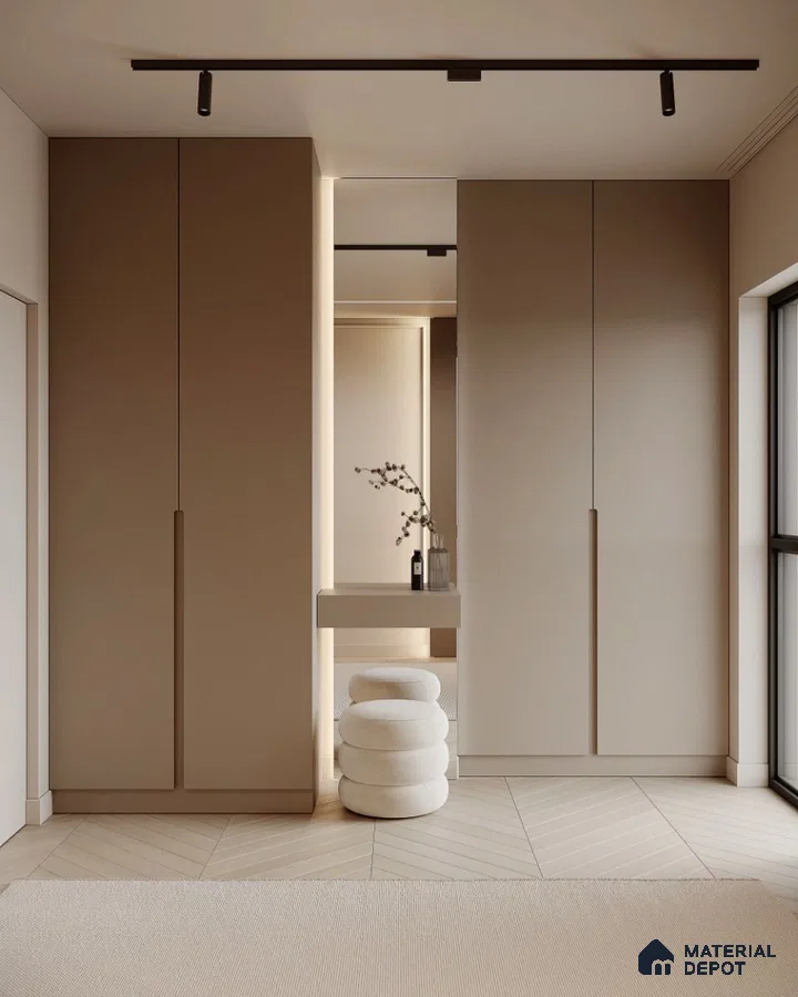 Minimalist wardrobe with matte beige laminate shutters and chevron beige floor tile | Material Depot