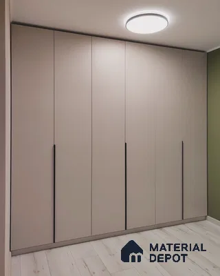 Minimalist wardrobe with matte beige laminate shutters and light wood flooring | Material Depot