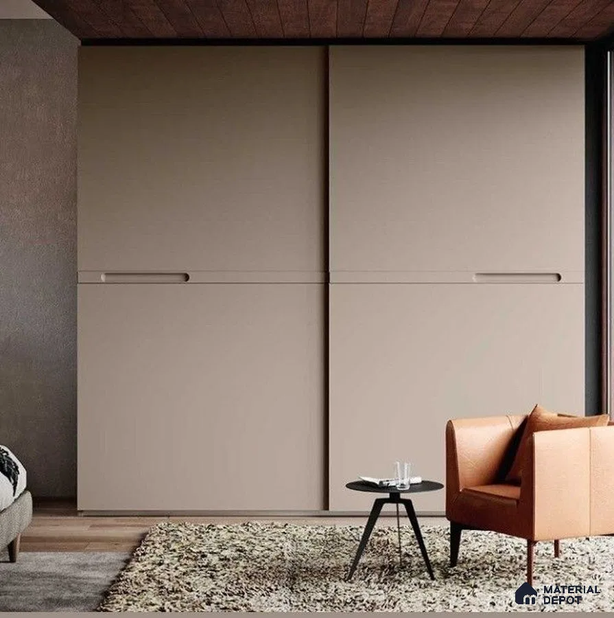 Minimalist wardrobe with matte beige laminate sliding shutters and wooden ceiling accent | Material Depot